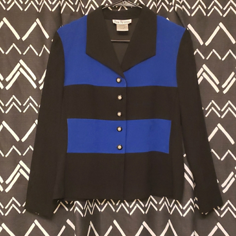 Peri Petites Blue and Black Silver Button Blazer
